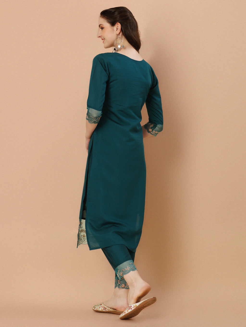 Multicolor Hand Embroidered Rayon Kurta Set with Organza Dupatta