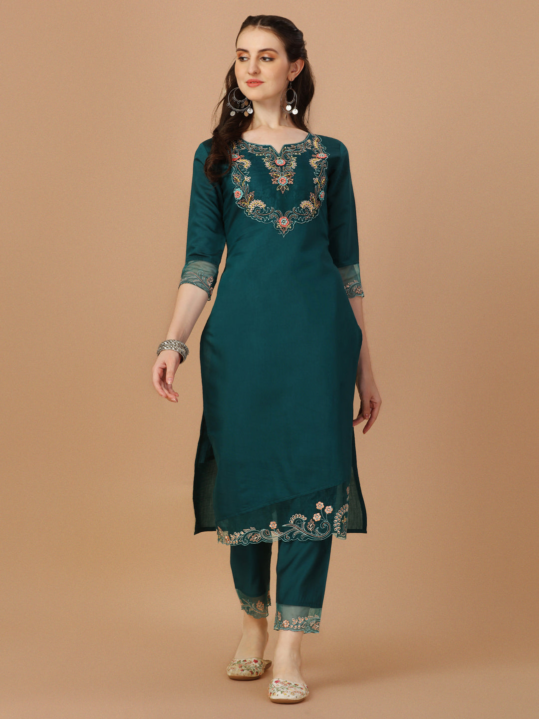 Multicolor Hand Embroidered Rayon Kurta Set with Organza Dupatta