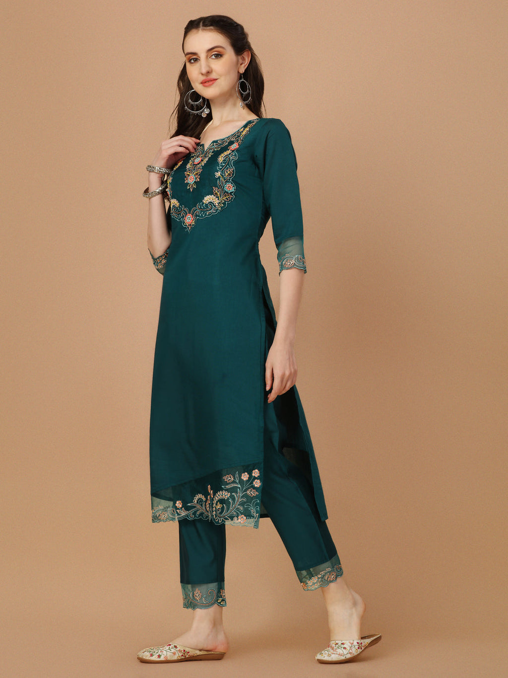 Multicolor Hand Embroidered Rayon Kurta Set with Organza Dupatta