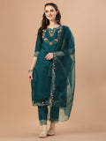 Multicolor hand-embroidered rayon kurta set with matching pants and premium embroidered organza dupatta