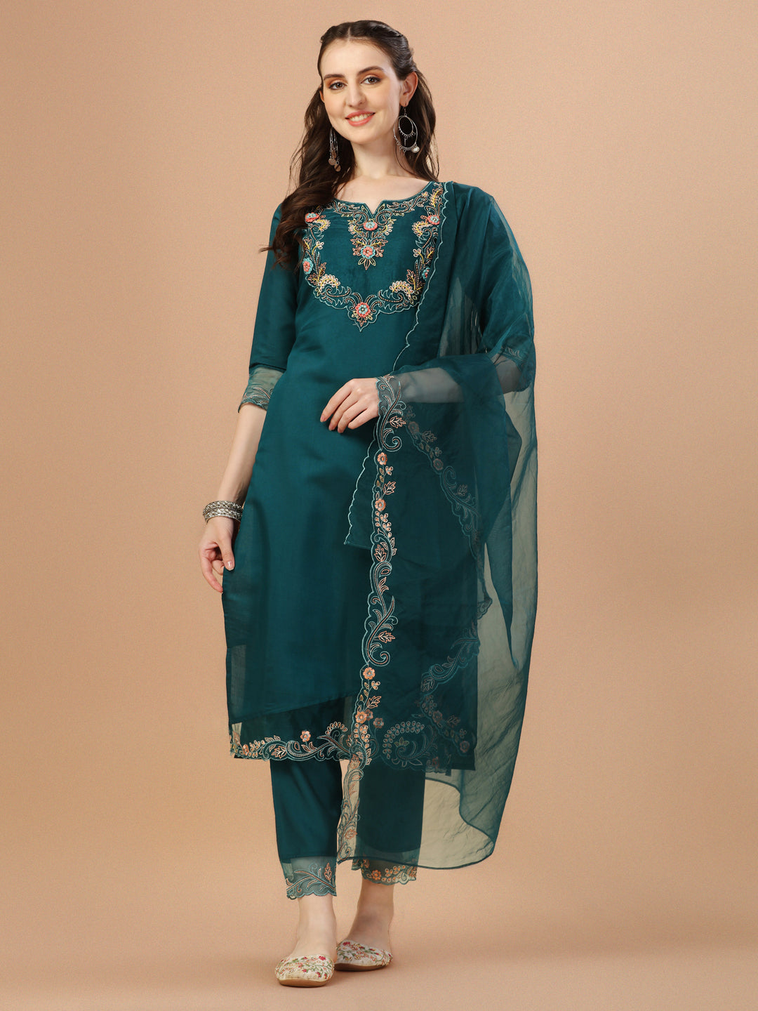 Multicolor hand-embroidered rayon kurta set with matching pants and premium embroidered organza dupatta