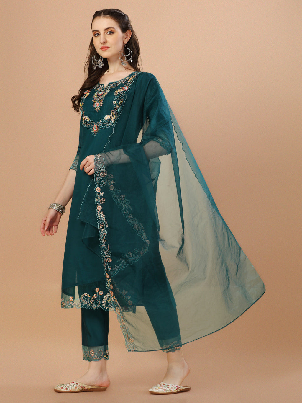 Multicolor Hand Embroidered Rayon Kurta Set with Organza Dupatta