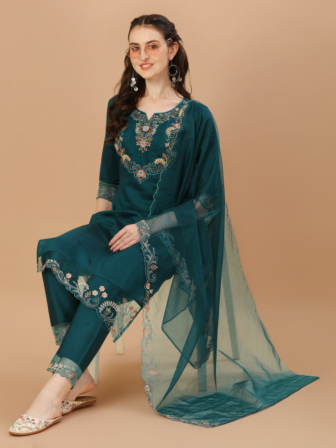 Multicolor Hand Embroidered Rayon Kurta Set with Organza Dupatta
