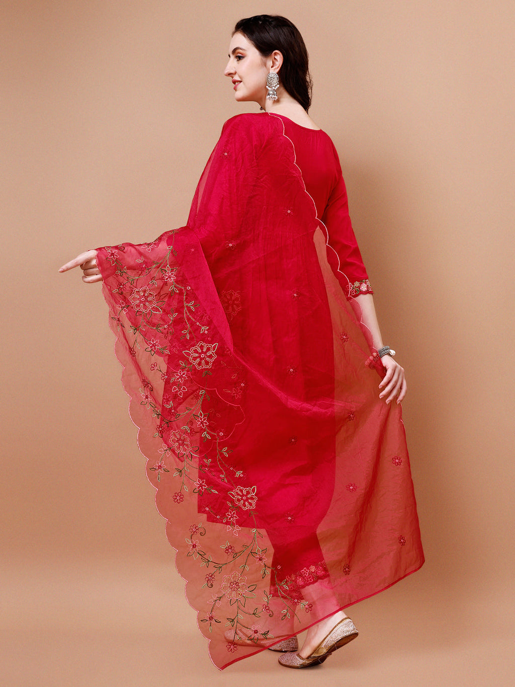 Multicolor Alia Cut Embroidered Kurta Set with Organza Dupatta