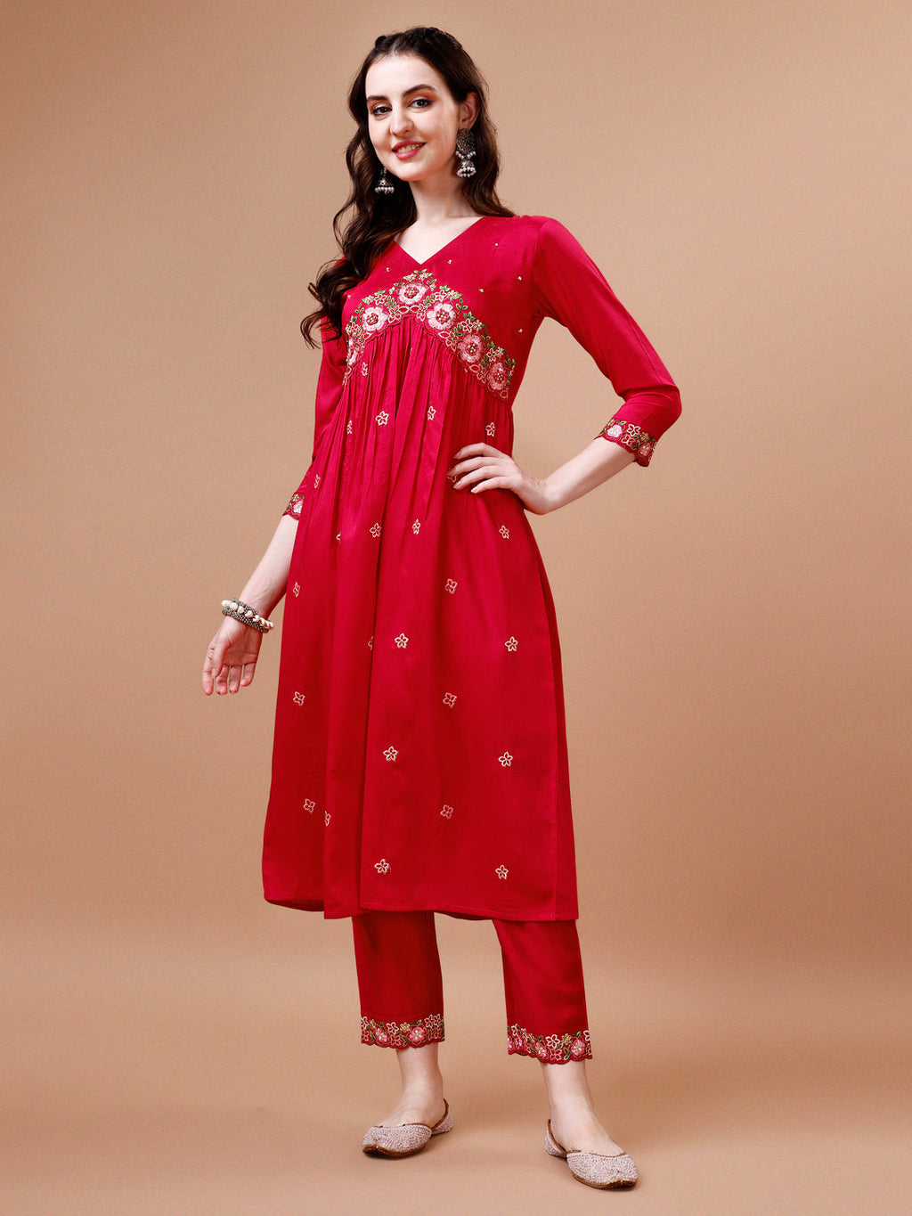 Multicolor Alia Cut Embroidered Kurta Set with Organza Dupatta