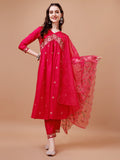 Multicolor Alia cut kurta set with embroidered details and organza dupatta