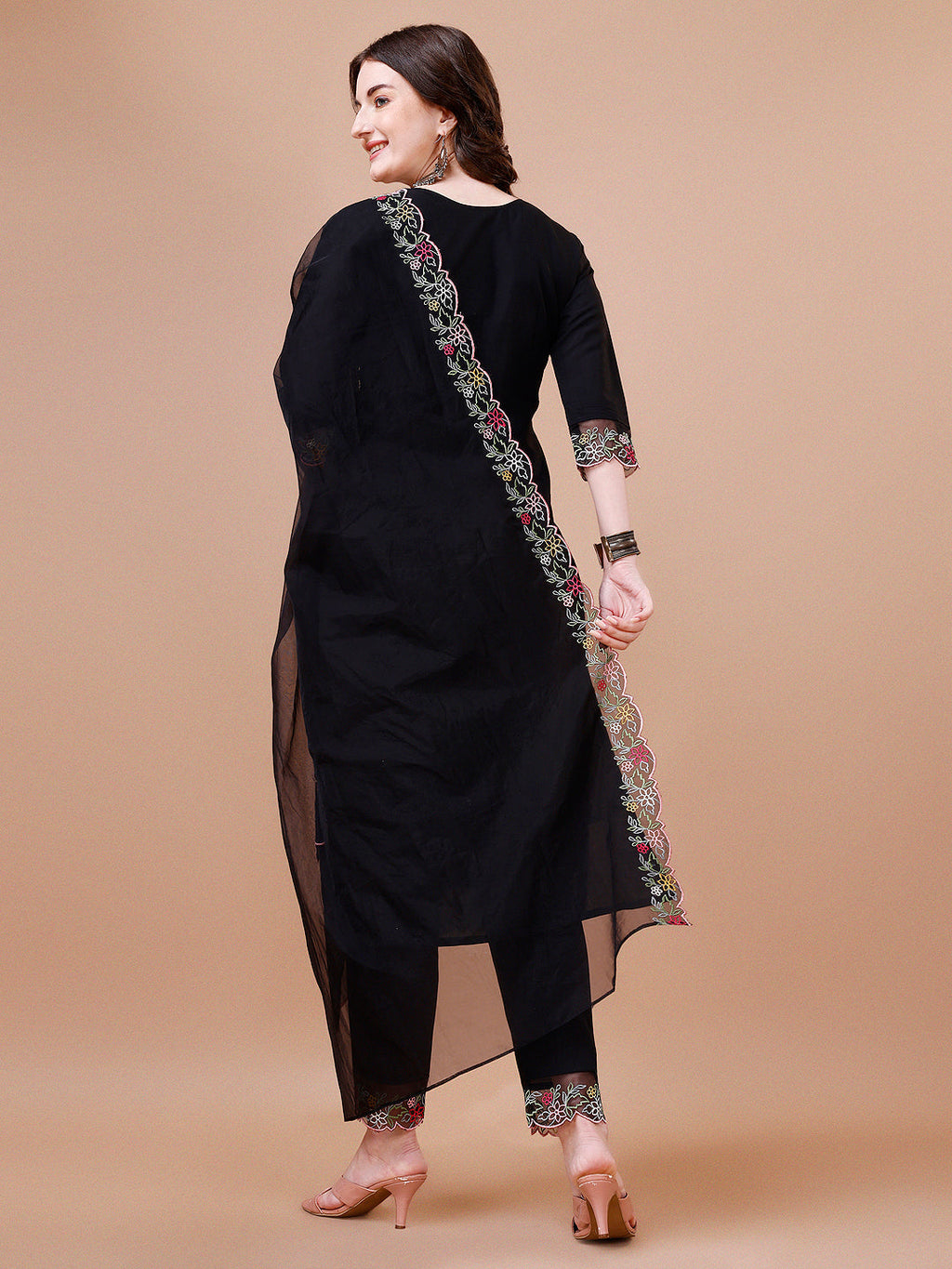 Multicolor Hand Embroidered Kurta Set with Organza Dupatta