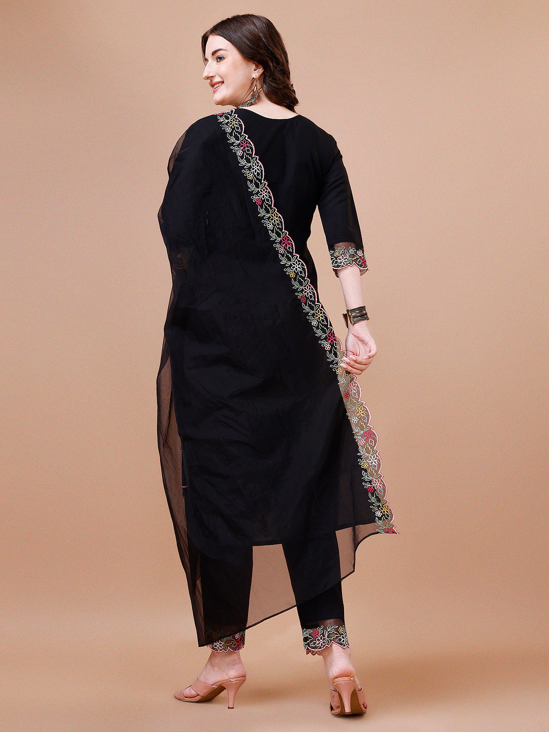Multicolor Hand Embroidered Kurta Set with Organza Dupatta