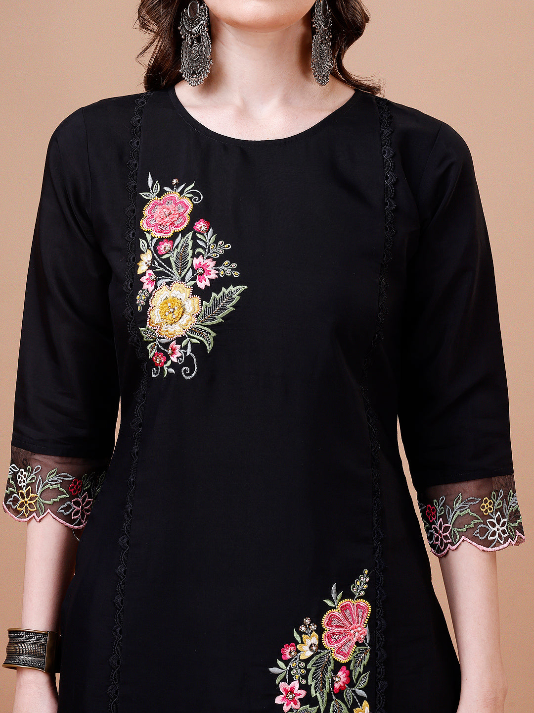 Multicolor Hand Embroidered Kurta Set with Organza Dupatta