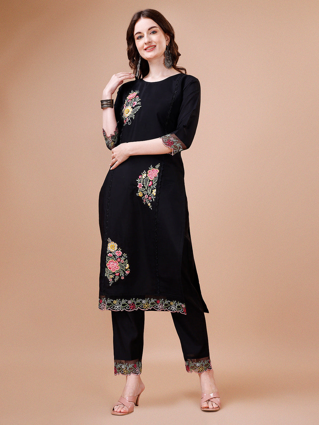 Multicolor Hand Embroidered Kurta Set with Organza Dupatta