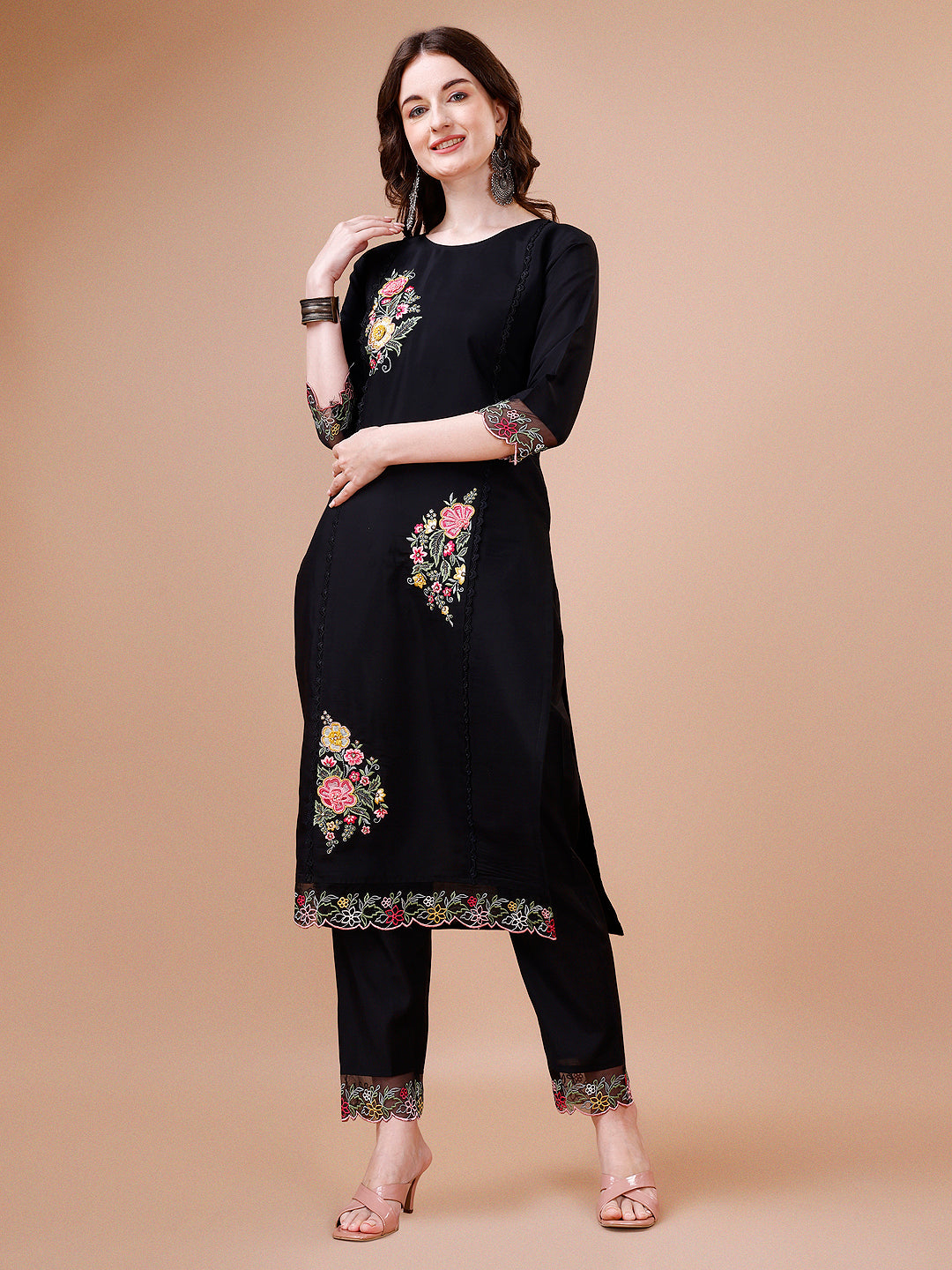 Multicolor Hand Embroidered Kurta Set with Organza Dupatta