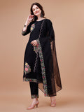 Multicolor hand embroidered rayon kurta with premium organza dupatta