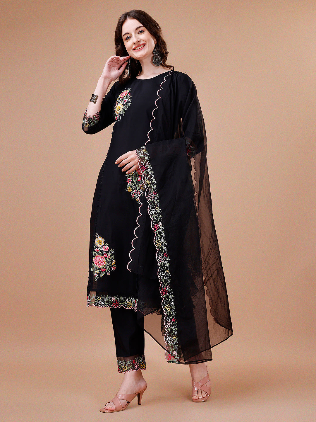 Multicolor hand embroidered rayon kurta with premium organza dupatta