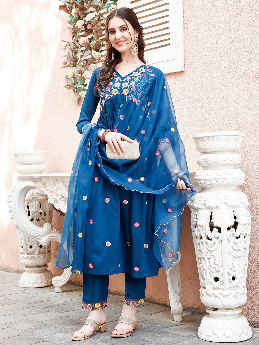 Multicolor Alia cut hand-embroidered kurta set with premium organza dupatta