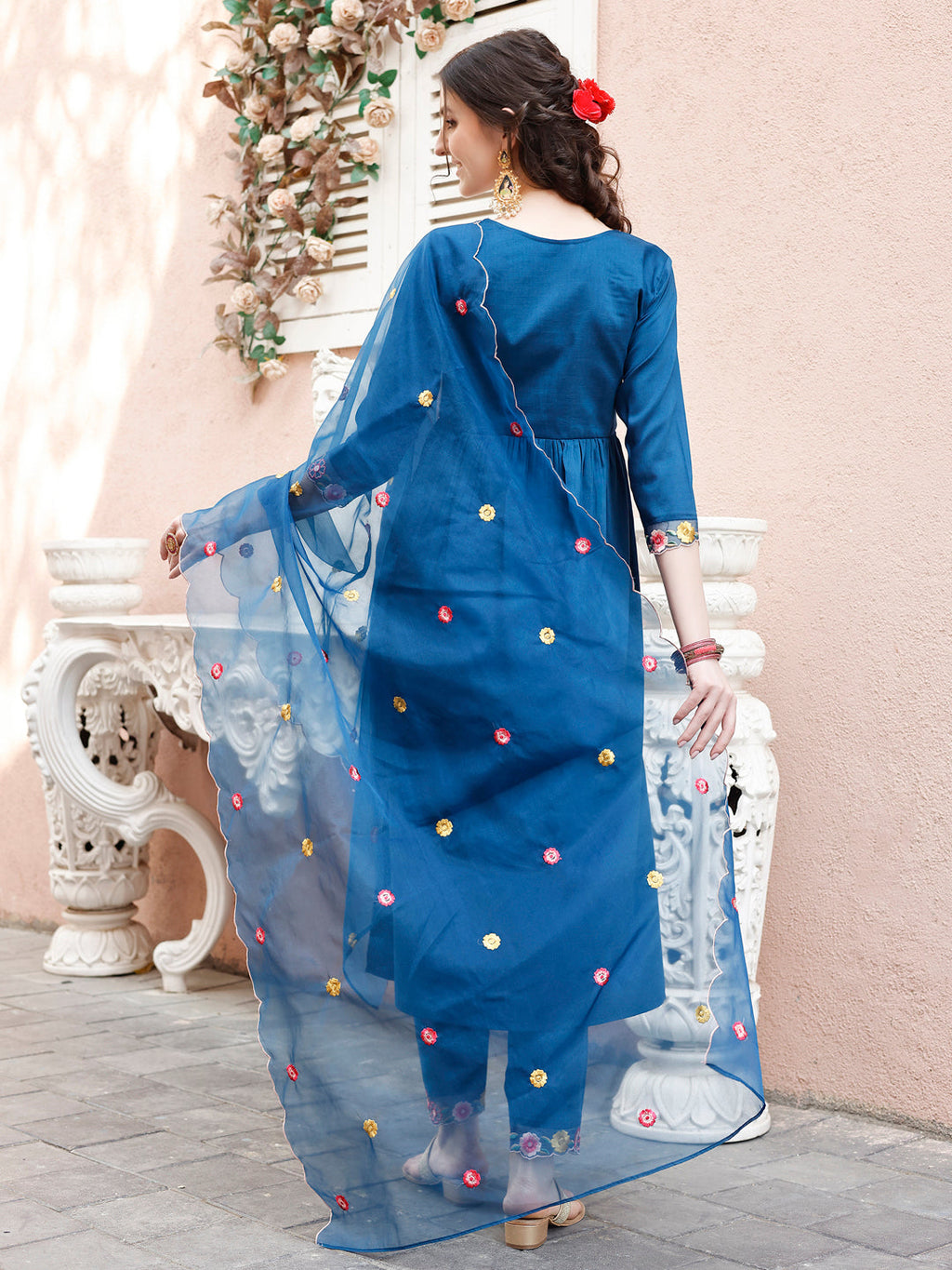 Multicolor Hand Embroidered Alia Cut Kurta Set with Organza Dupatta
