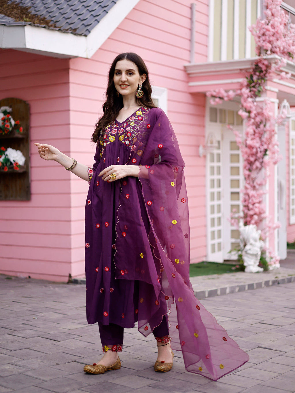 Multicolor Hand Embroidered Alia Cut Kurta Set with Organza Dupatta