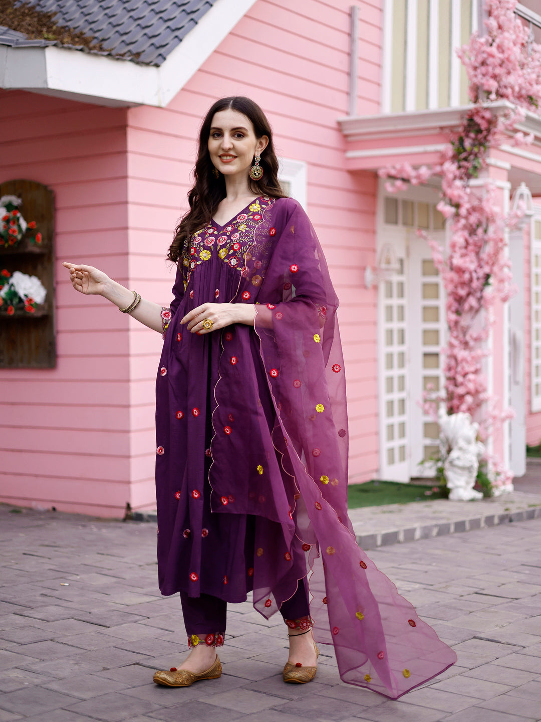 Multicolor Hand Embroidered Alia Cut Kurta Set with Organza Dupatta