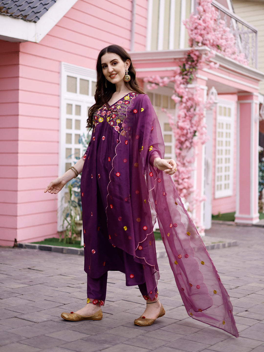 Multicolor Hand Embroidered Alia Cut Kurta Set with Organza Dupatta
