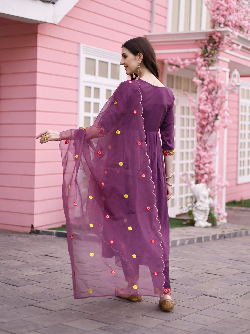 Multicolor Hand Embroidered Alia Cut Kurta Set with Organza Dupatta