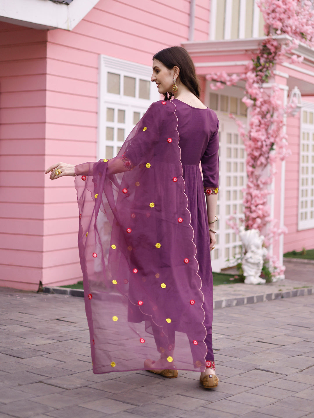 Multicolor Hand Embroidered Alia Cut Kurta Set with Organza Dupatta