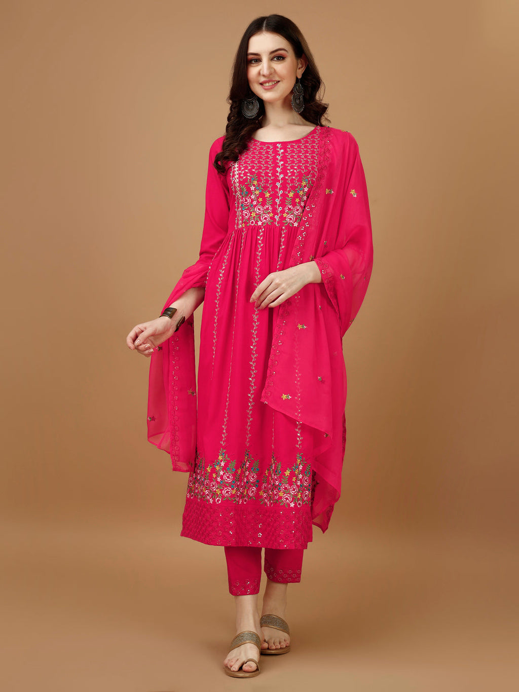 Nyra cut multicolor kurta with embroidered organza dupatta