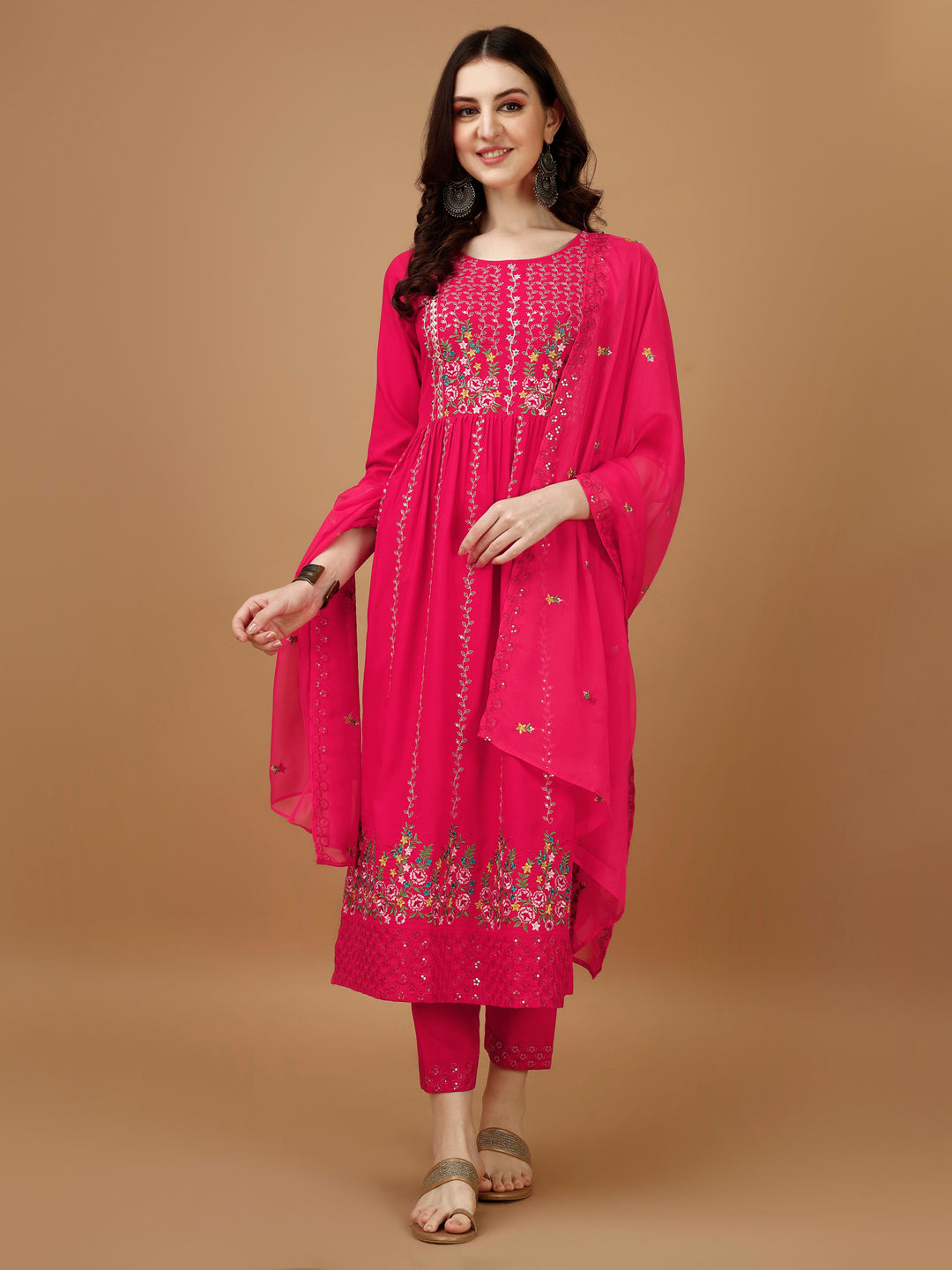 Nyra cut multicolor kurta with embroidered organza dupatta