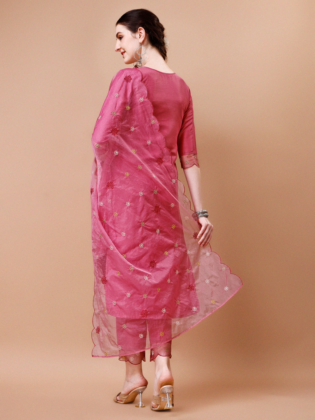 Hand Embroidered Rayon Kurta Set with Organza Dupatta