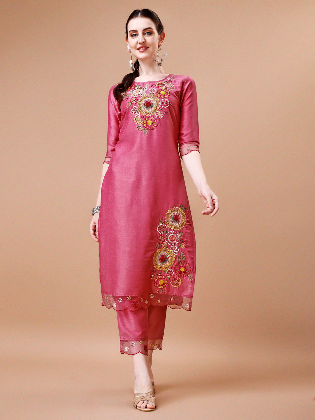 Hand Embroidered Rayon Kurta Set with Organza Dupatta