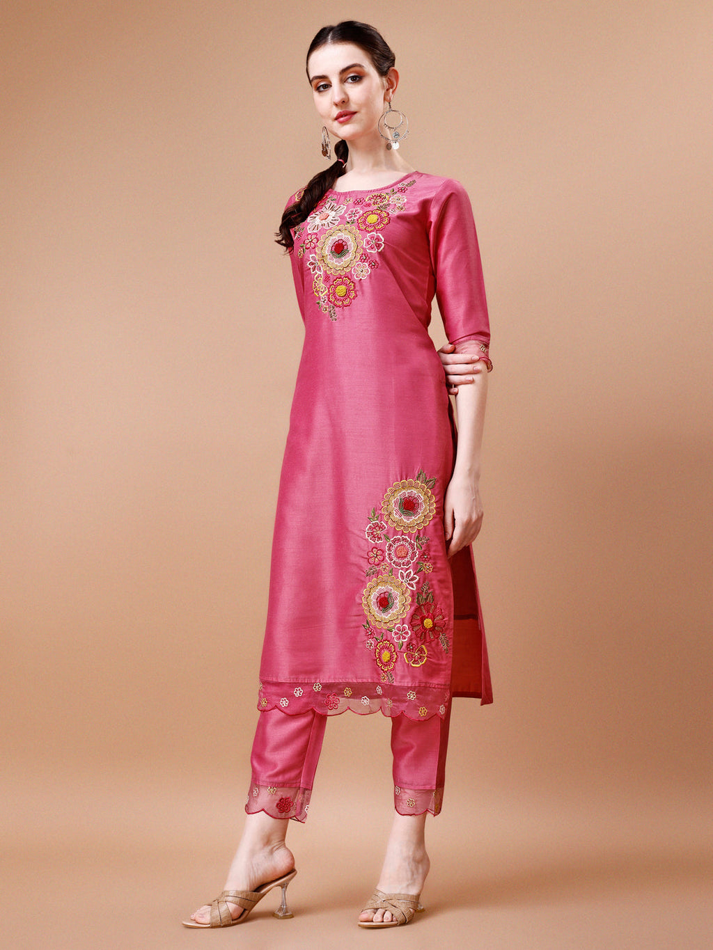 Hand Embroidered Rayon Kurta Set with Organza Dupatta