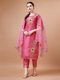 Multicolor hand-embroidered rayon kurta set paired with an elegant organza dupatta.