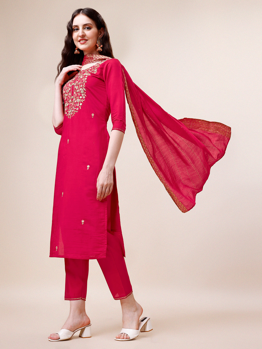 Hand Embroidered Multicolor Rayon Kurta Set