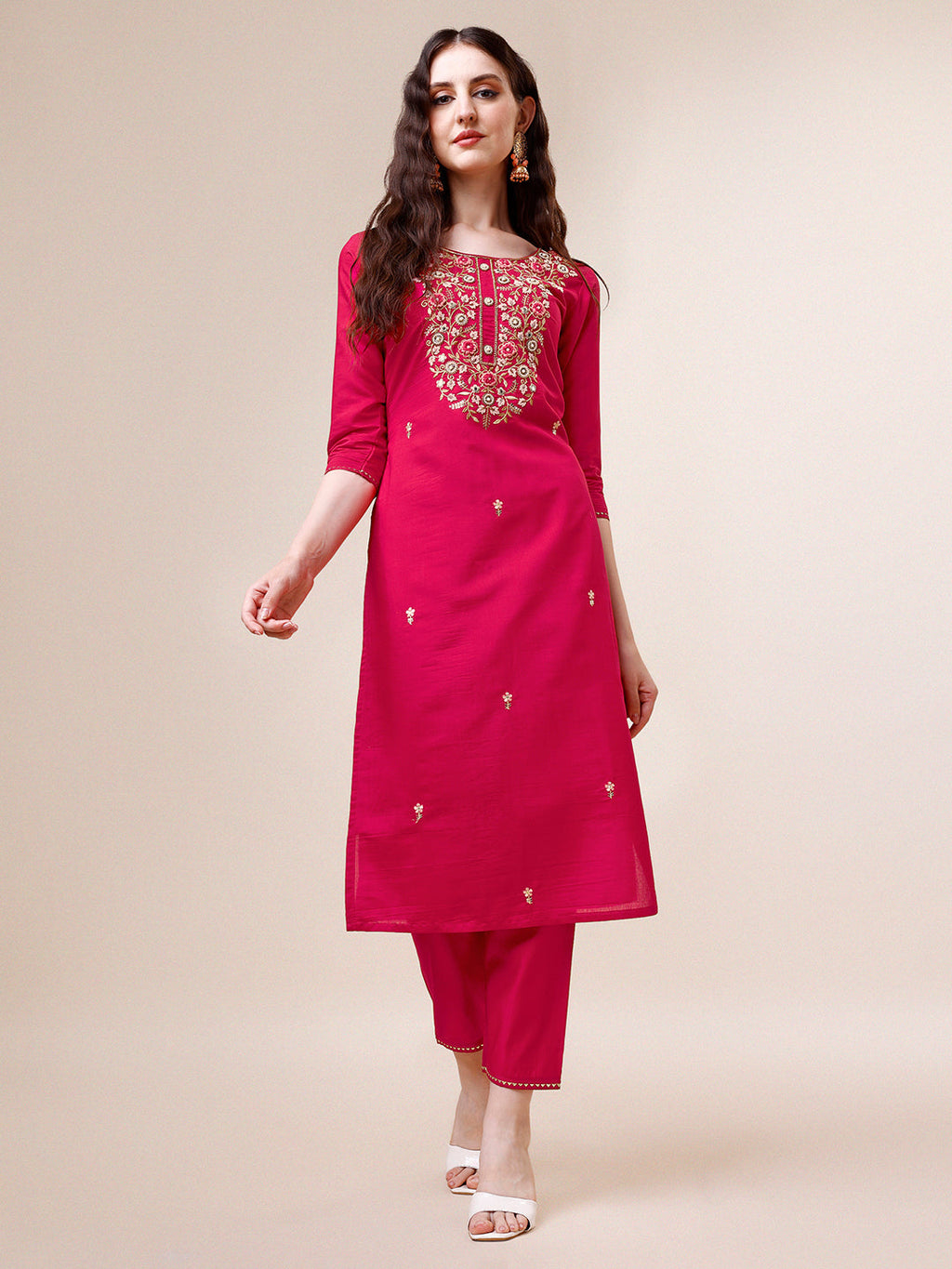Hand Embroidered Multicolor Rayon Kurta Set