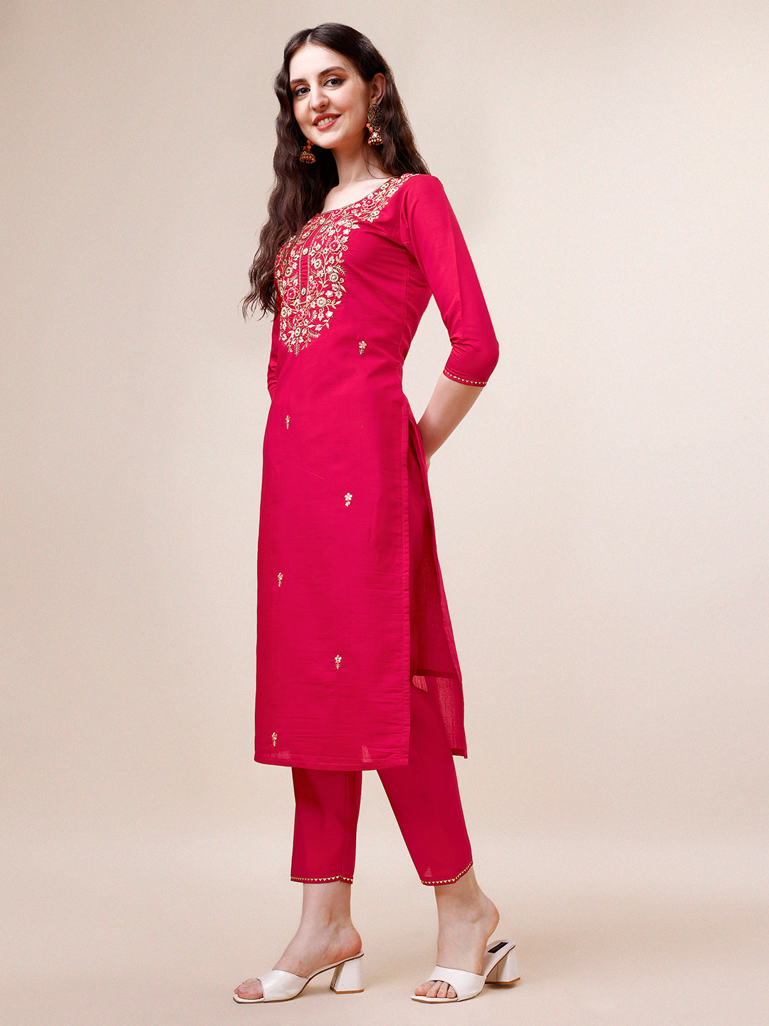 Hand Embroidered Multicolor Rayon Kurta Set