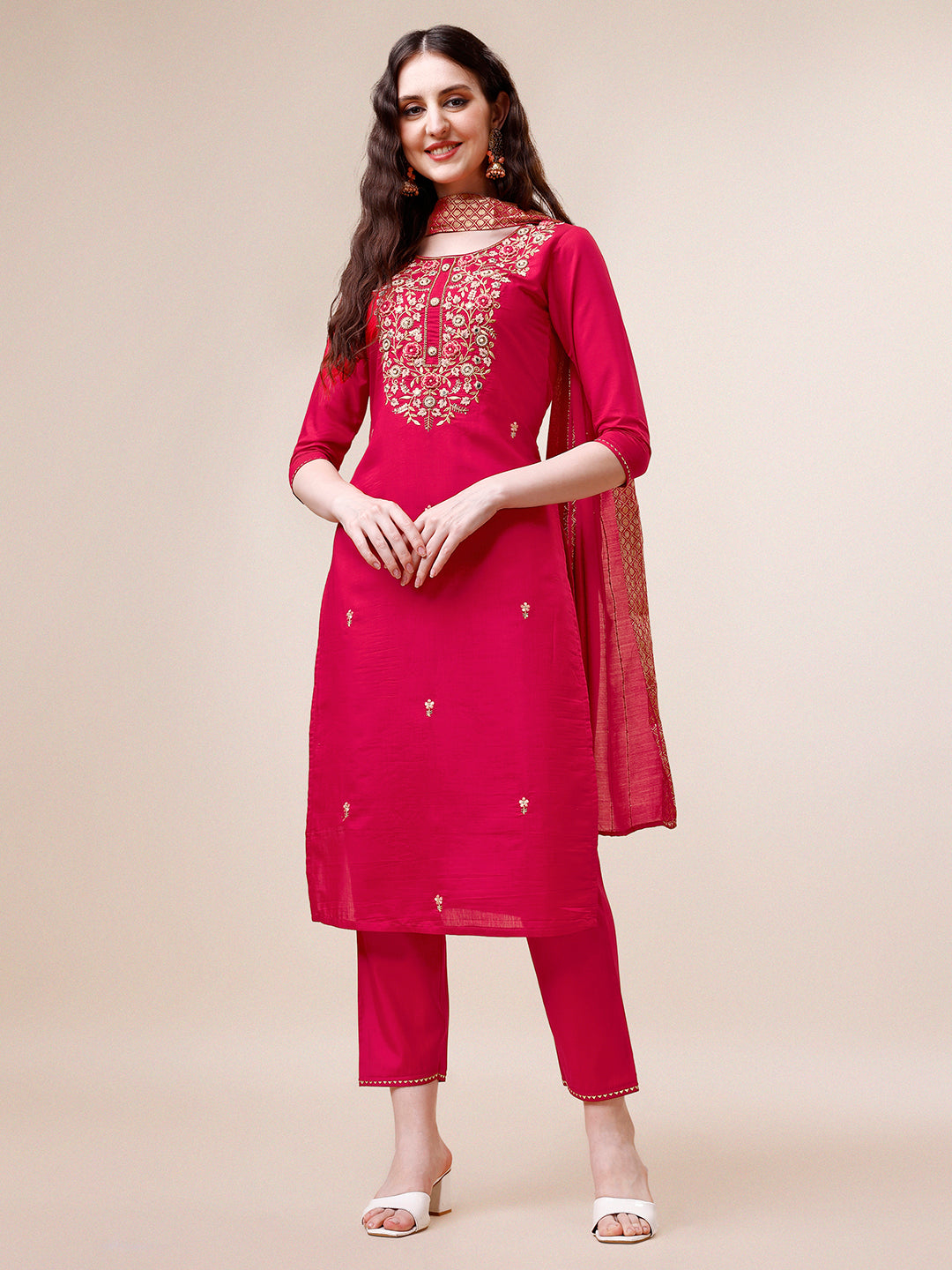 Multicolor hand embroidered rayon kurta with 3/4 sleeves, matching pants, and dupatta
