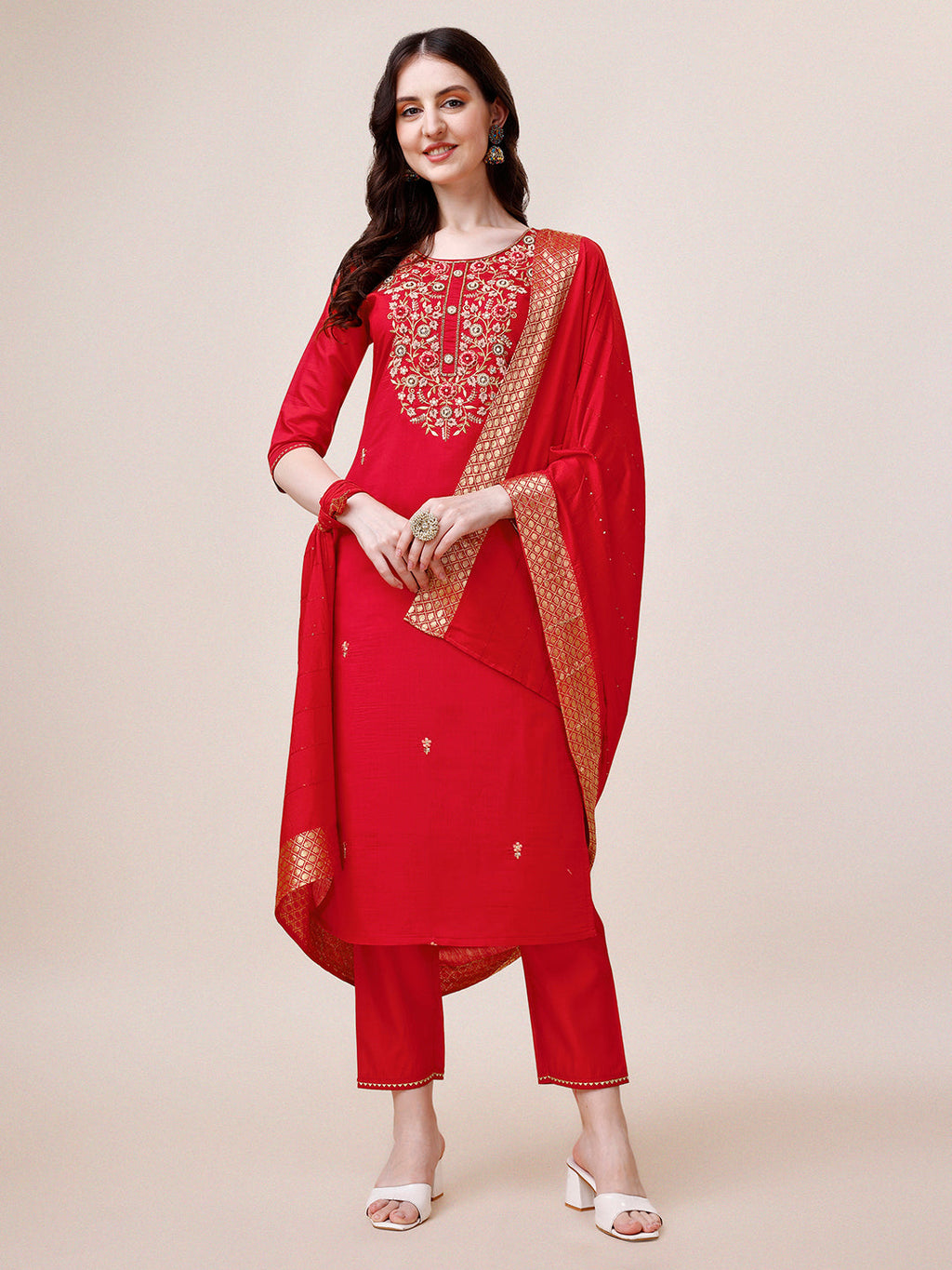 Multicolor hand embroidered kurta set featuring 3/4 sleeves and matching dupatta