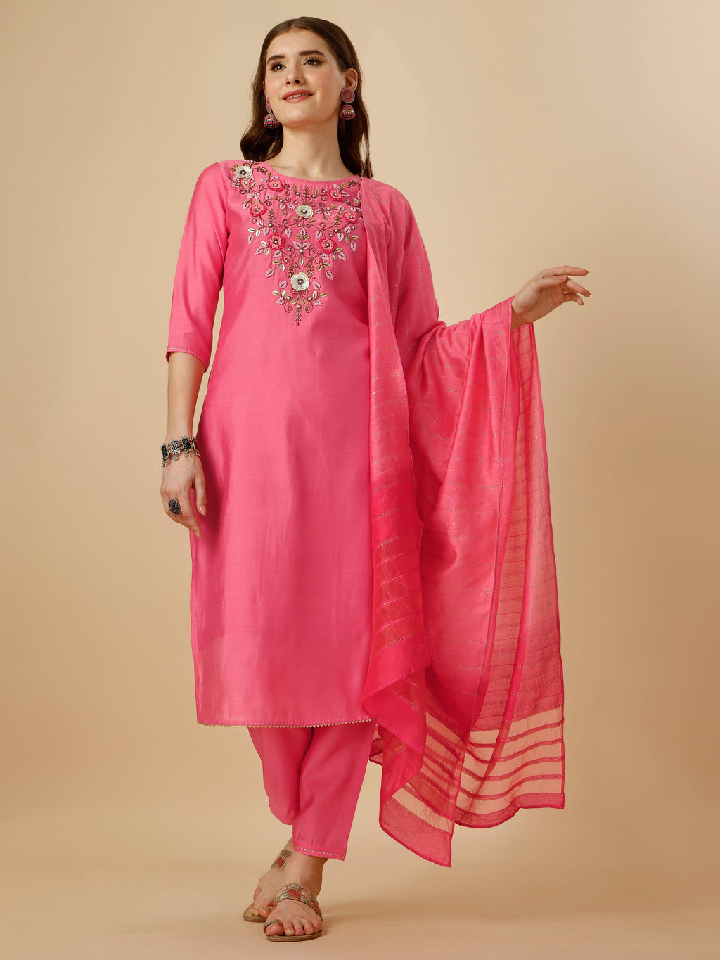 Multicolor embroidered kurta set with 3/4th sleeves, coordinating pants, and dupatta