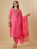 Multicolor embroidered kurta set with 3/4th sleeves, coordinating pants, and dupatta
