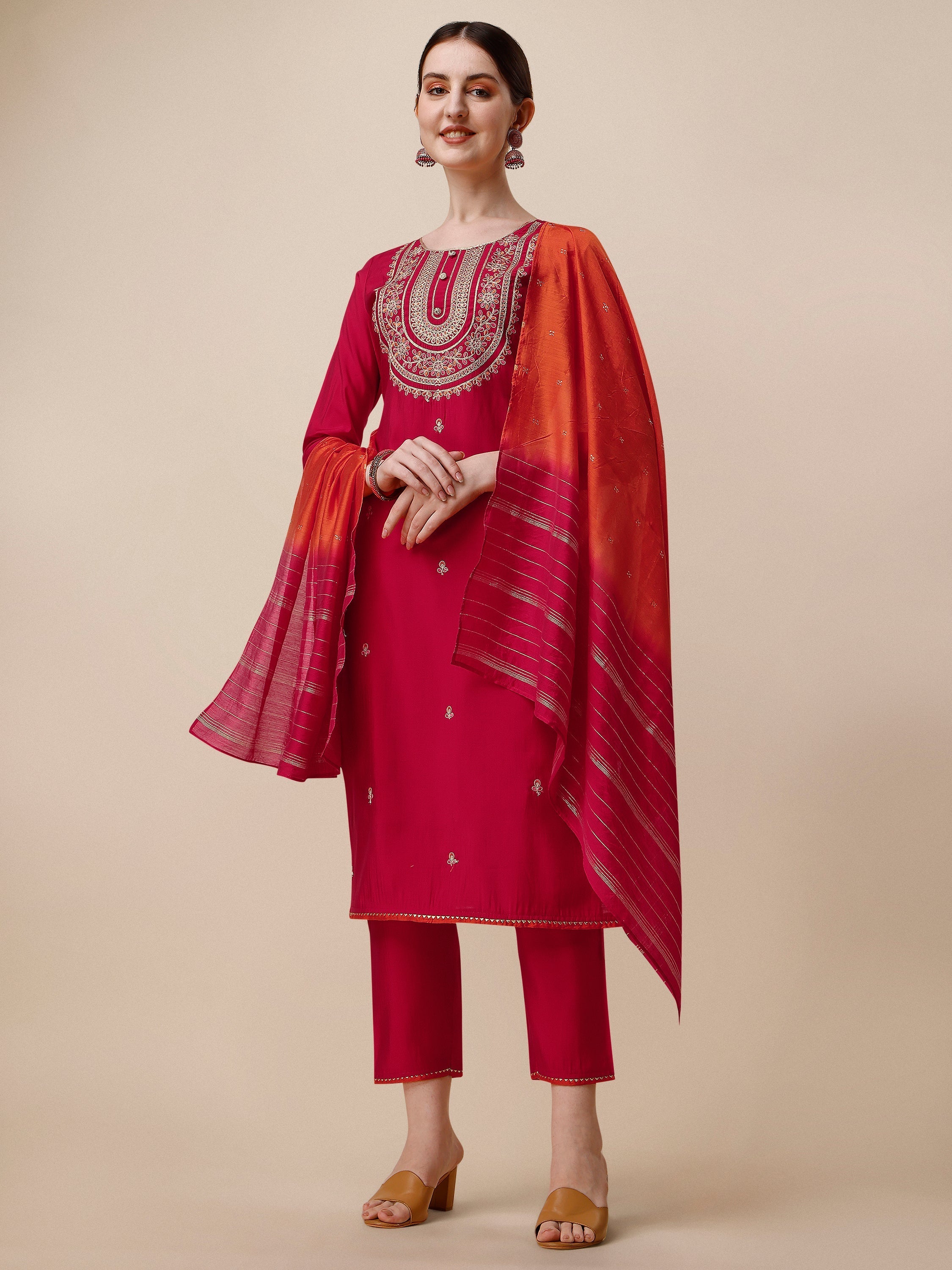 Embroidered Kurta With Pant And Dupatta Set, Multicolor - Hiral Fashion