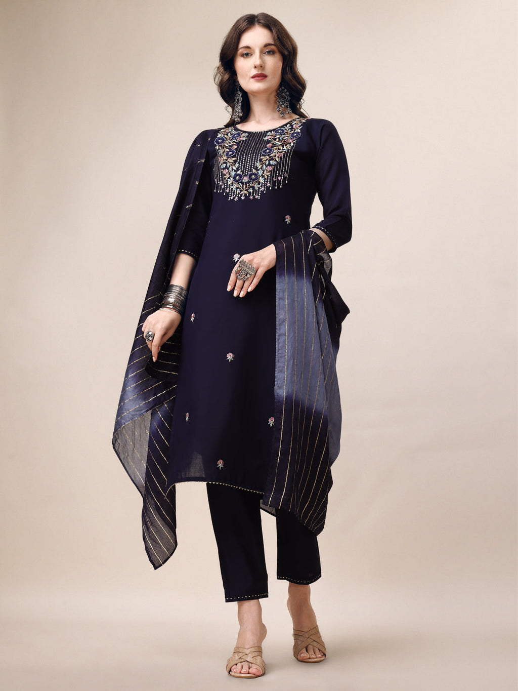 Multicolor hand embroidered kurta with 3/4 sleeves and matching dupatta