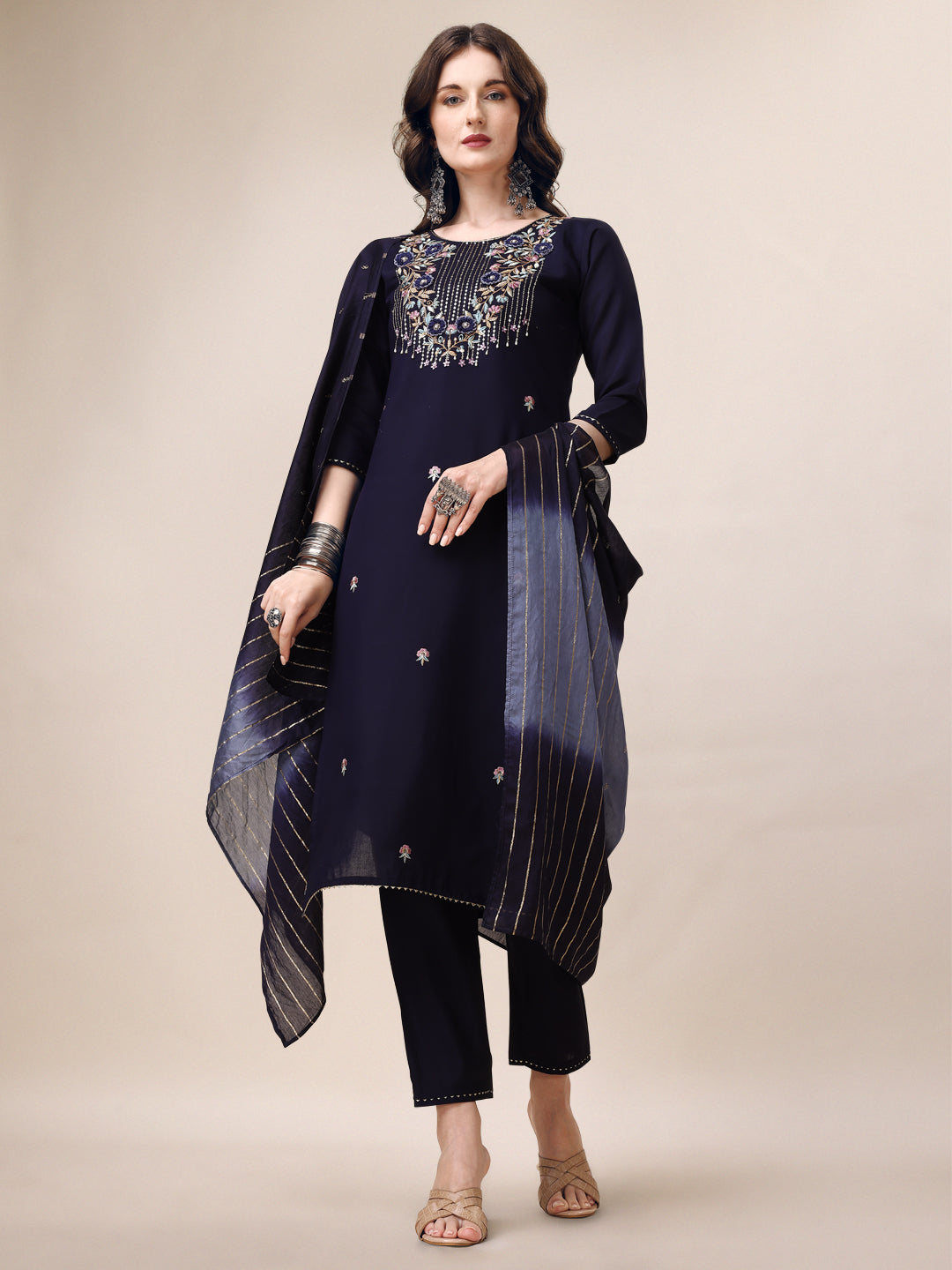 Multicolor hand embroidered kurta with 3/4 sleeves and matching dupatta
