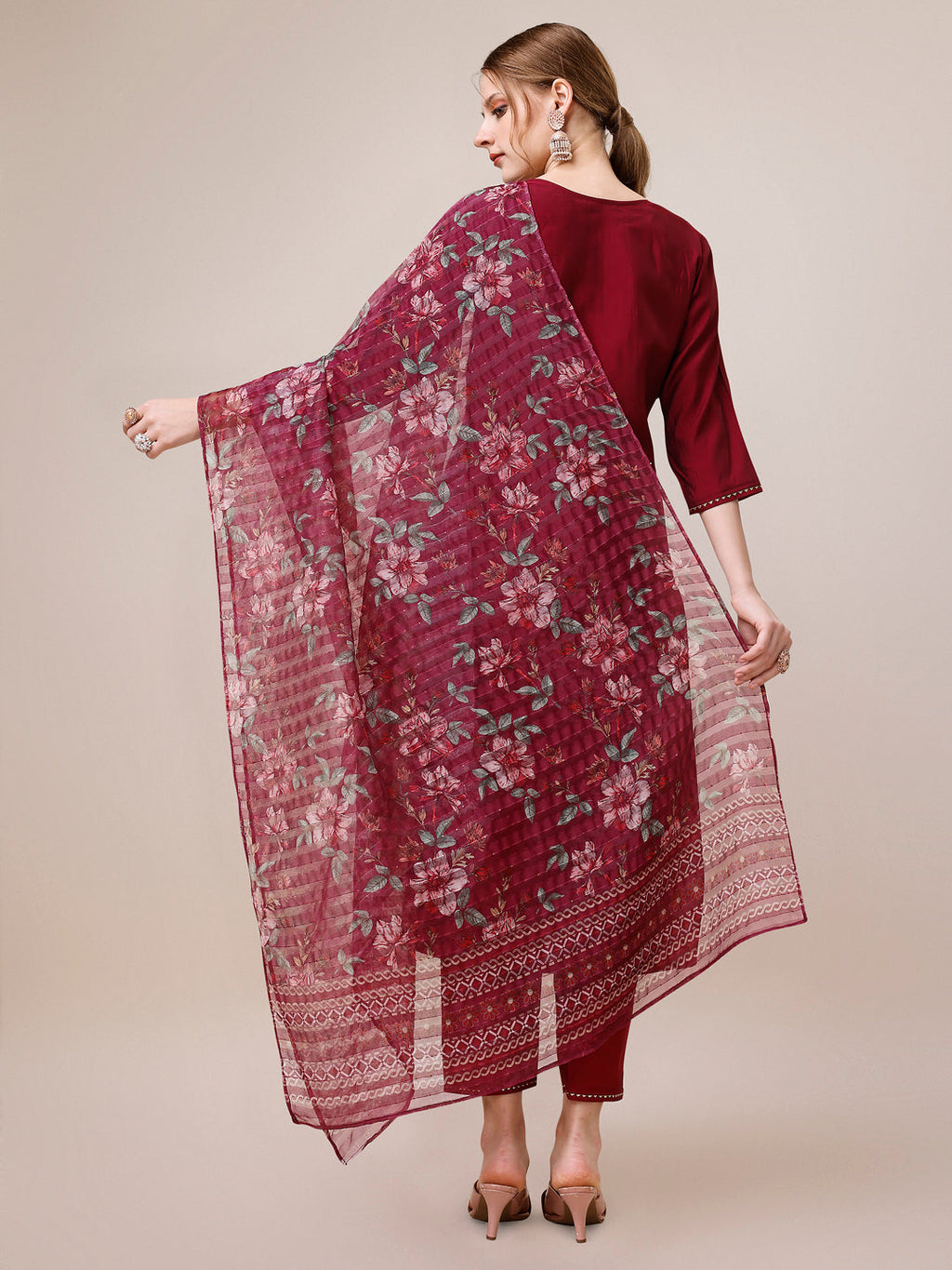 Multicolor Hand Embroidered Kurta Set with Printed Organza Dupatta