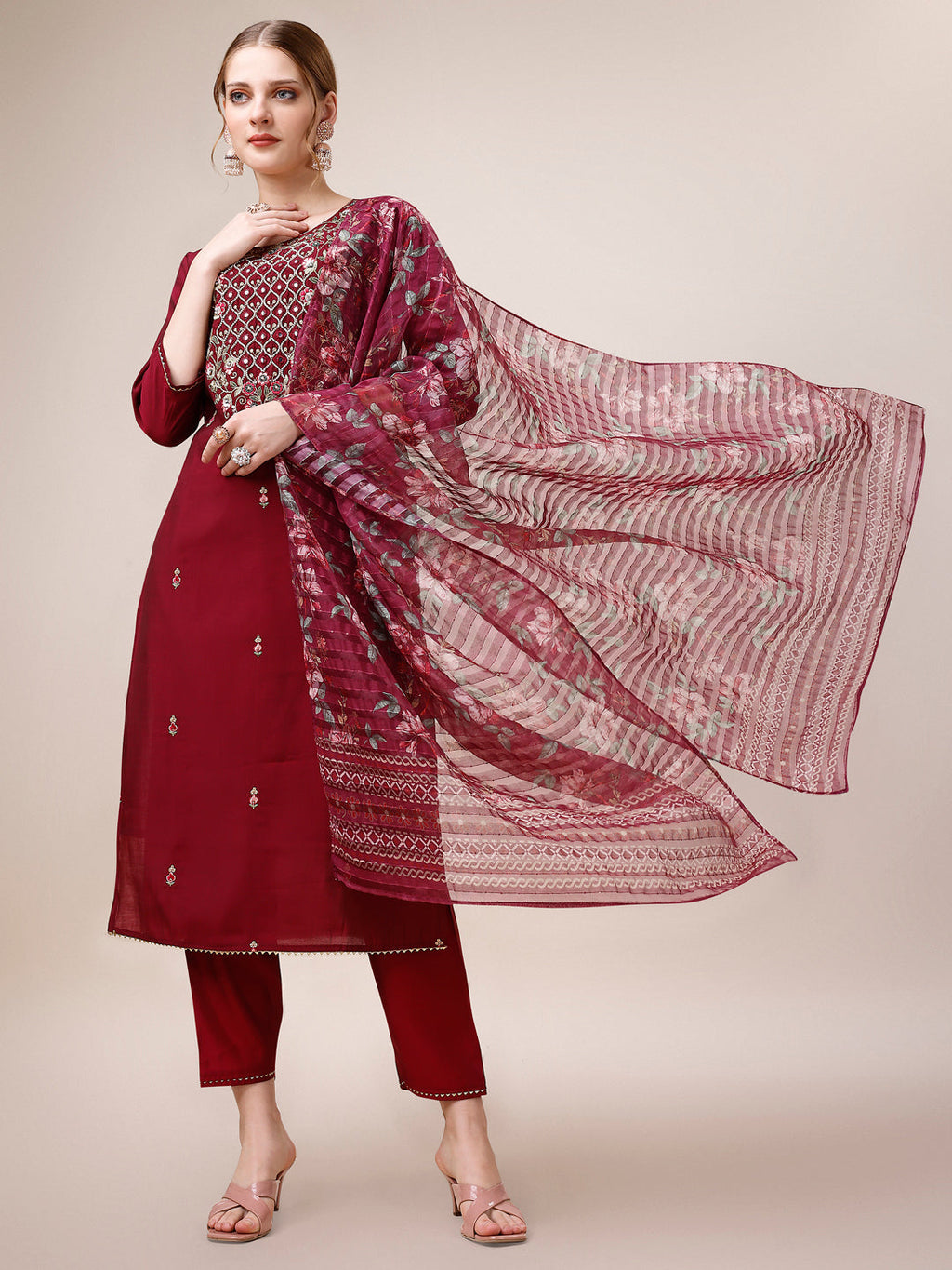 Multicolor rayon kurta set featuring hand embroidery, mirror work, and a printed organza dupatta