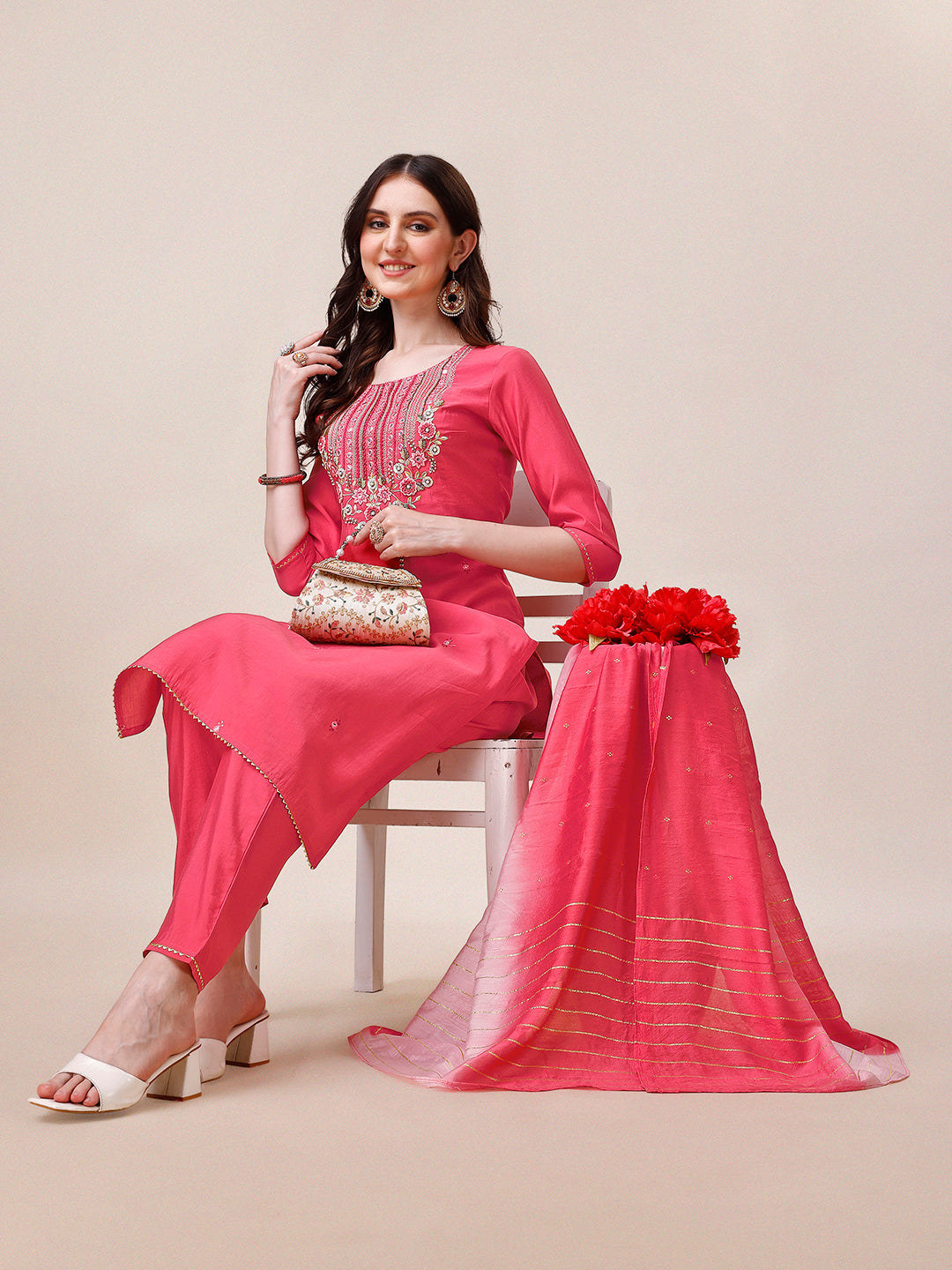 Multicolor embroidered rayon kurta set with matching pants and dupatta for women