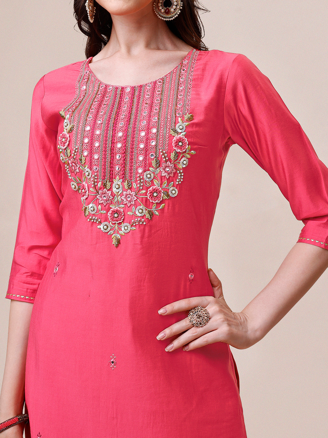 Multicolor Embroidered Rayon Kurta Set with Pant and Dupatta