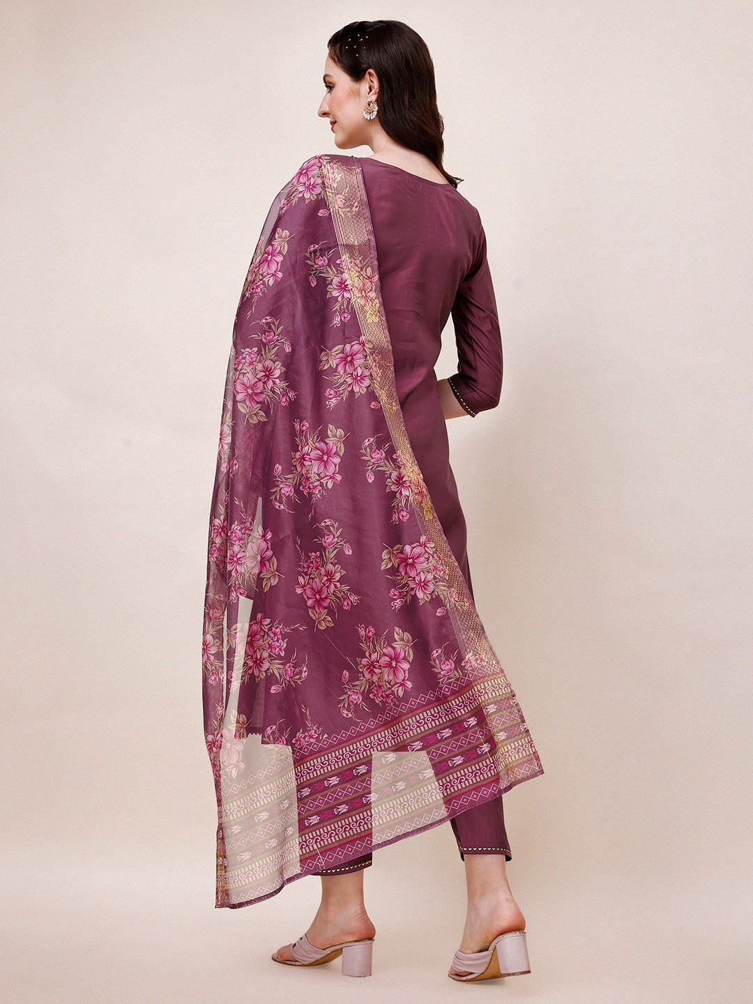 Multicolor Hand Embroidered Rayon Kurta with Pant & Printed Dupatta