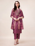 Multicolor hand embroidered rayon kurta paired with matching pants and a printed dupatta