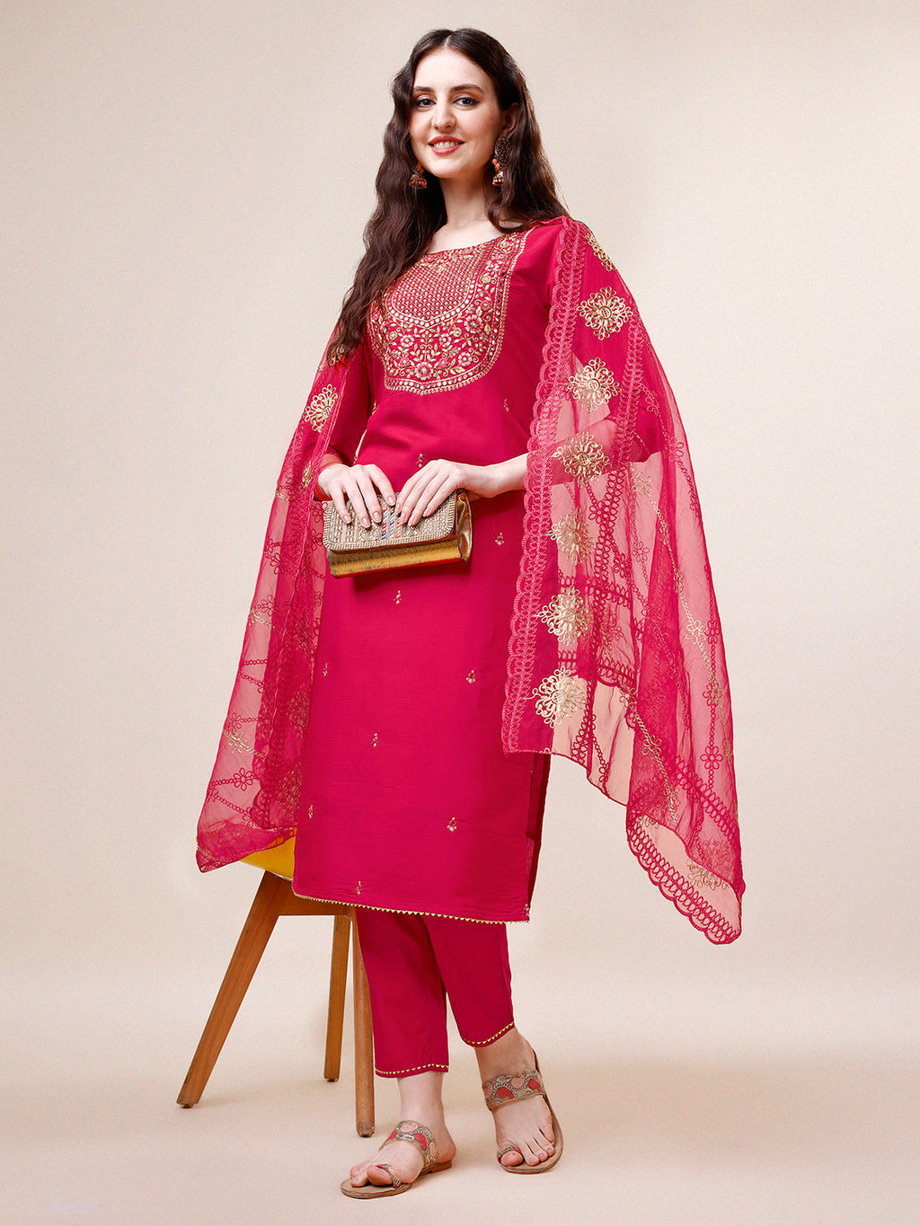 Multicolor embroidered rayon kurta set with matching pants and dupatta