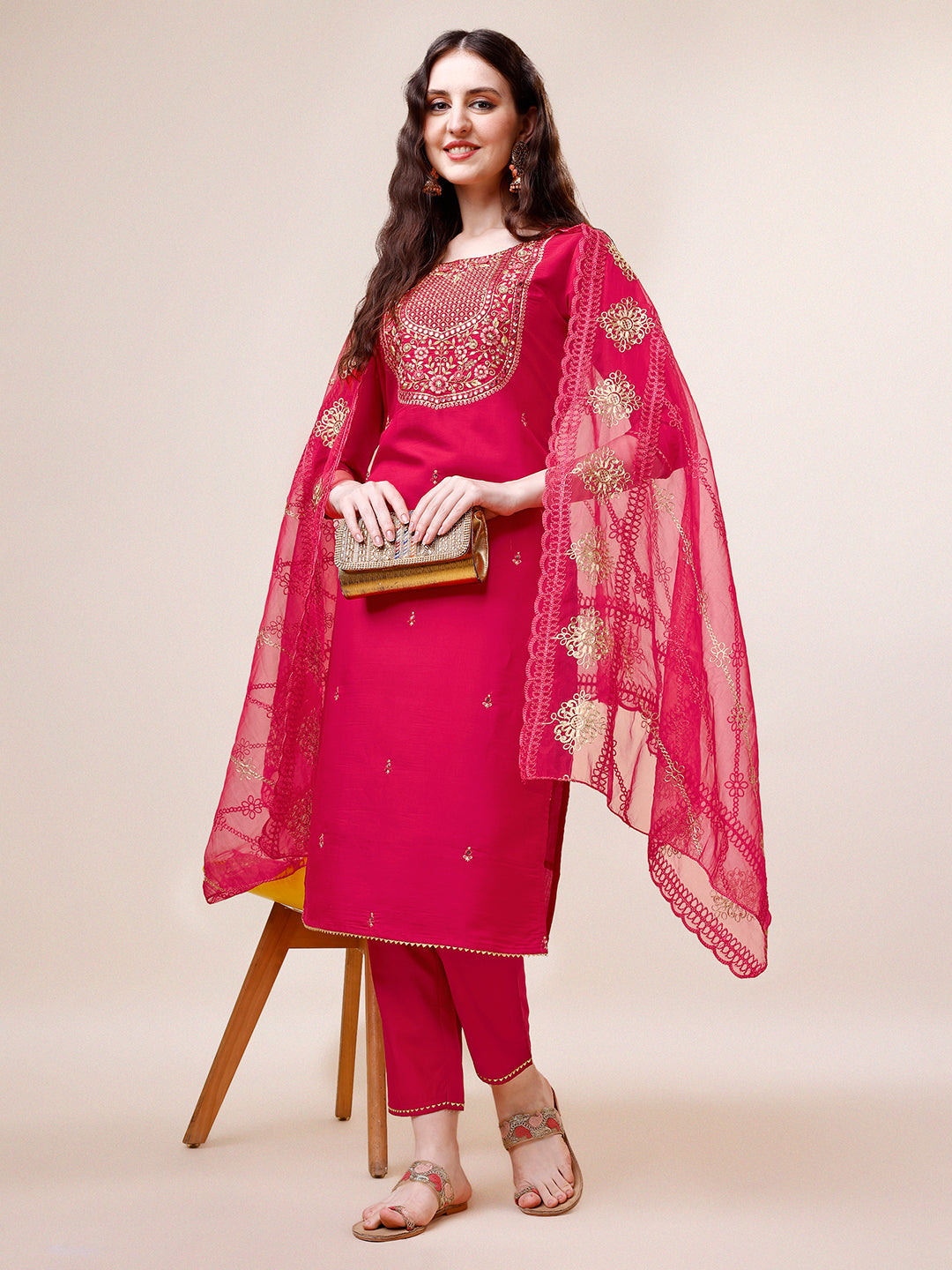 Multicolor embroidered rayon kurta set with matching pants and dupatta