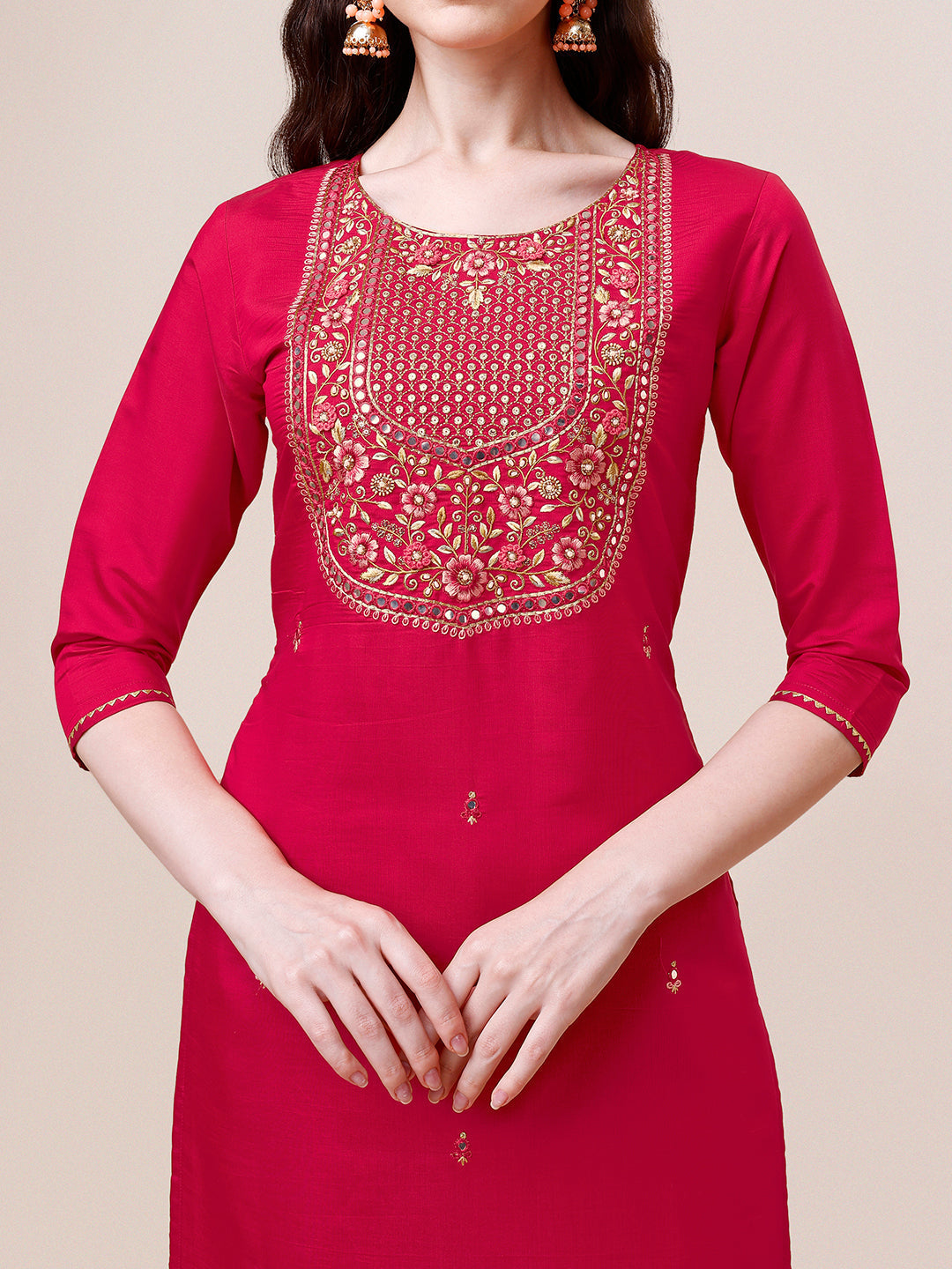 Multicolor Embroidered Kurta Set with Pant and Dupatta