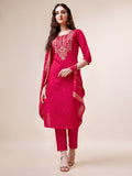 Model wearing a multicolor hand-embroidered rayon kurta set with pants and dupatta